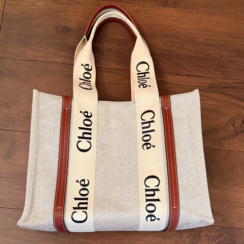 Chloé Canvas Linen Tote Bag with Leather Trim & Dust Bag - Natural & Tan